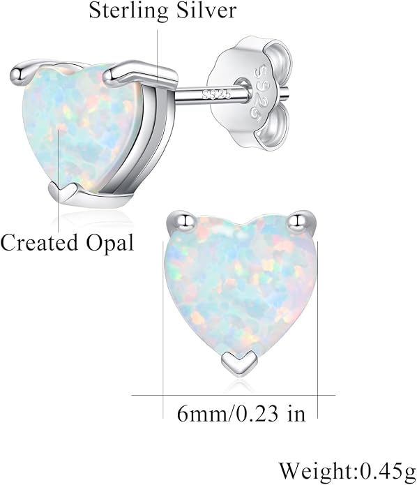 CiNily 925 Sterling Silver Stud Earrings for Women Teen, Heart Opal Stud Earrings, Dainty Cartilage Small Studs for Men, Heart Birthstone Earrings Lightweight Opal Jewelry for Mothers Day Birthday