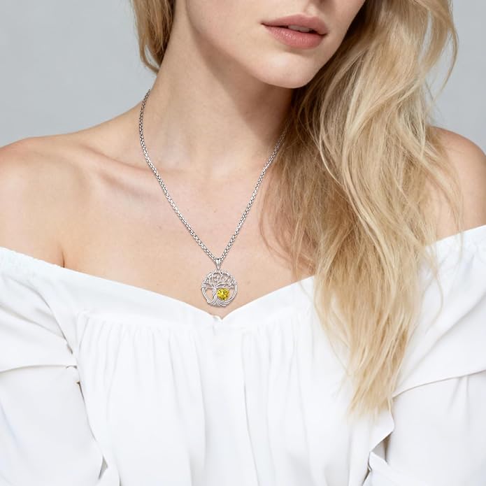 Birthstone Tree of Life Necklace for Women Heart Crystal Pendant Silver Plated Birthday Anniversary Jewelry for Wife, Mom, and Her