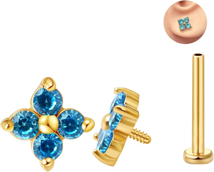 FANSING CZ Flower Internally Threaded Flat Back Earring Labret Stud for Cartilage Tragus Helix Conch