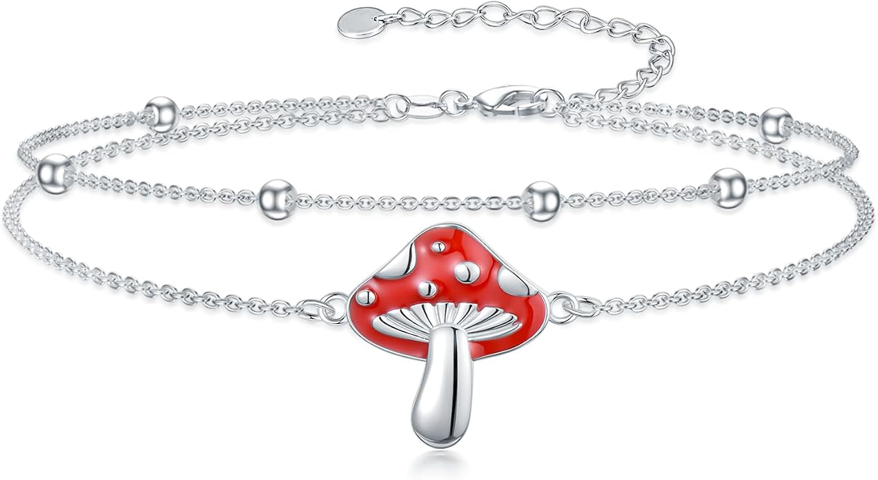 Dragonfly/Evil Eye/Hamsa Evil Eye/Lotus/Mushroom Anklet Bracelets for Women Sterling Silver Adjustable Double Layered Bracelet Anklet Mother's Day Jewelry Gifts Beach Jewelry