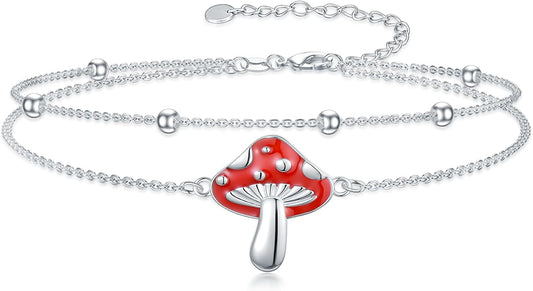 Dragonfly/Evil Eye/Hamsa Evil Eye/Lotus/Mushroom Anklet Bracelets for Women Sterling Silver Adjustable Double Layered Bracelet Anklet Mother's Day Jewelry Gifts Beach Jewelry