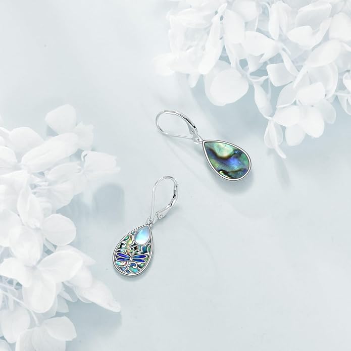 Dragonfly Earrings for Women 925 Sterling Silver Teardrop Leverback Moonstone Earrings Abalone Dangle Earrings Dragonfly Jewelry