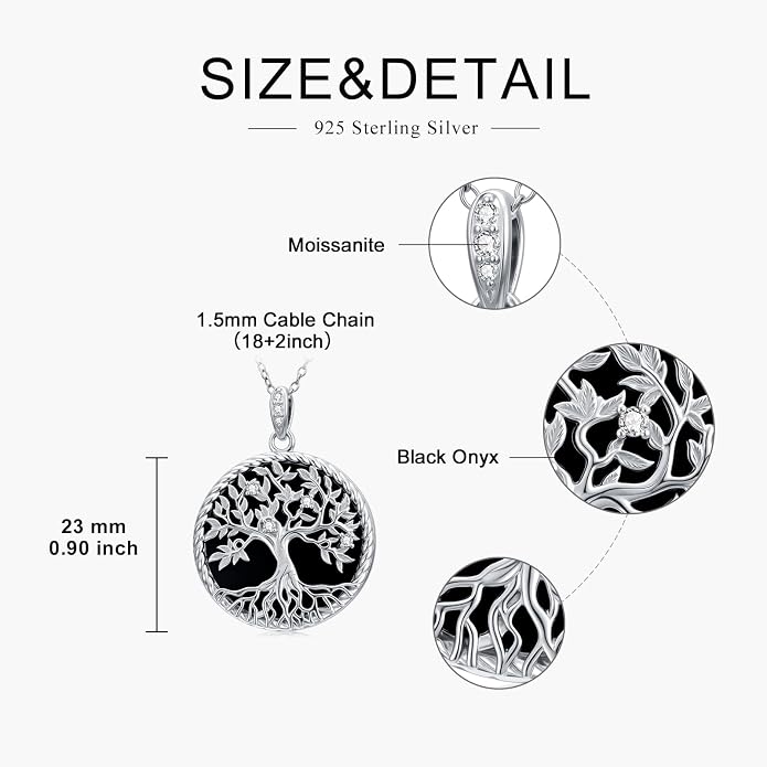 Tree of Life Moissanite Necklace, 925 Sterling Silver 0.5 Carat Moissanite Abalone Shell/Opal/Black Onyx/Turquoise/Malachite/Tiger Eye Stone Tree of Life Pendant Necklaces Jewelry Gift for Women Mom
