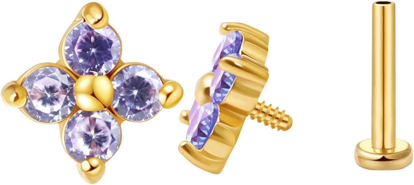 FANSING CZ Flower Internally Threaded Flat Back Earring Labret Stud for Cartilage Tragus Helix Conch