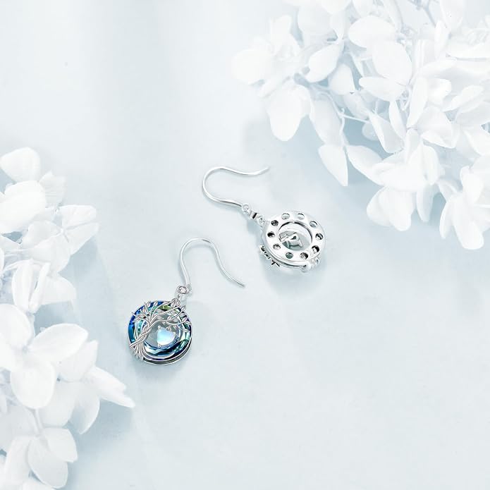 POPLYKE Tree of Life Birthstone Earrings 925 Sterling Silver Dainty Gemstone Birthstone Dangle Drop Earring with Crystal Fine Jewelry Birthday Gifts for Women Her