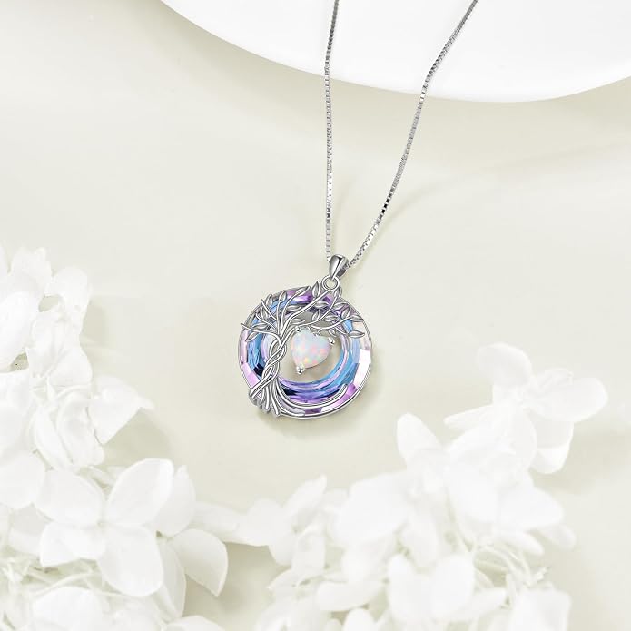 POPLYKE Mothers Day Gifts for Mom Her Wife Tree of Life Necklace 925 Sterling Silver Birthstone Pendant with Crystal Anniversary Birthday Wedding Jewelry for Women
