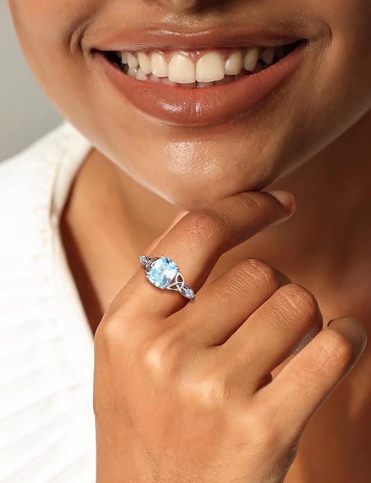 925 Sterling Silver Birthstone Rings for Women Cushion Cut Engagement Celtic Knot Ring Irish Jewelry Created Gemstone Anniversary Rings Size 6-10(with Box)