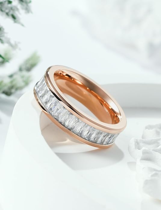 King Will 6mm 316L Stainless Steel Eternity Ring for Women, Colorful Baguette-Cut Cubic Zirconia Stackable Band, Pipe Cut Anniversary Engagement Ring Comfort Fit, Size 6-10