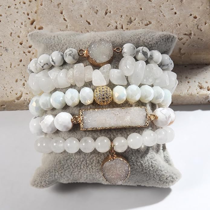 Yomisa 5PCS 6PCS Natural Boho Beaded Bracelets/Bangle for Women Men,Healing Turquoise Jasper Agate Crystal Gemstone Stone Chakra Multilayer Wrap Bohemian Handmade Jewelry Beads Stretch Bracelet Set