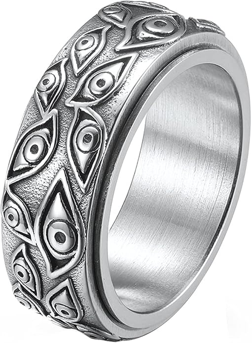 JAJAFOOK Stainless Steel Vintage Evil Eye of God Ring Spinner Ring Stress Relieving Anxiety Ring for Men