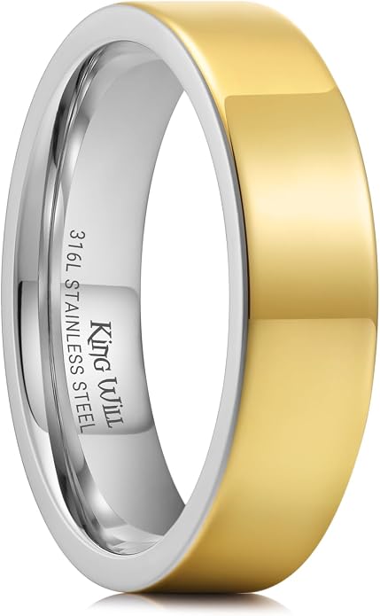 King Will 316L Stainless Steel Men's Wedding Band – 6/8 mm Dual-Tone Wedding Ring Polished Finish with Gold/Black Steel Plating, Fashionable and Durable Stainless Steel Men's Ring Size 7-14