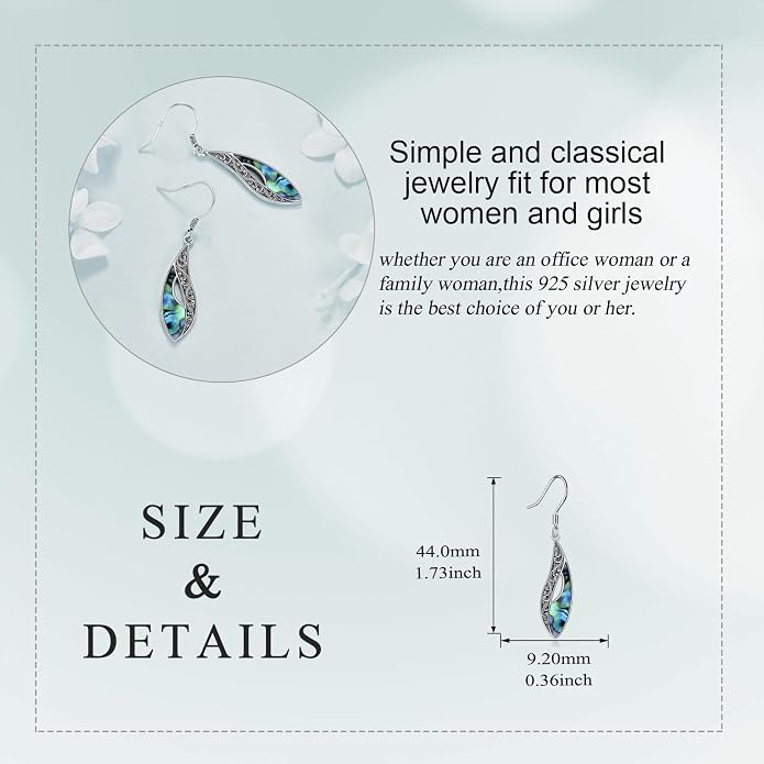 Abalone Shell Dangle Drop Earrings for Women 925 Sterling Silver Filigree Bohemian Earrings Jewelry Gift