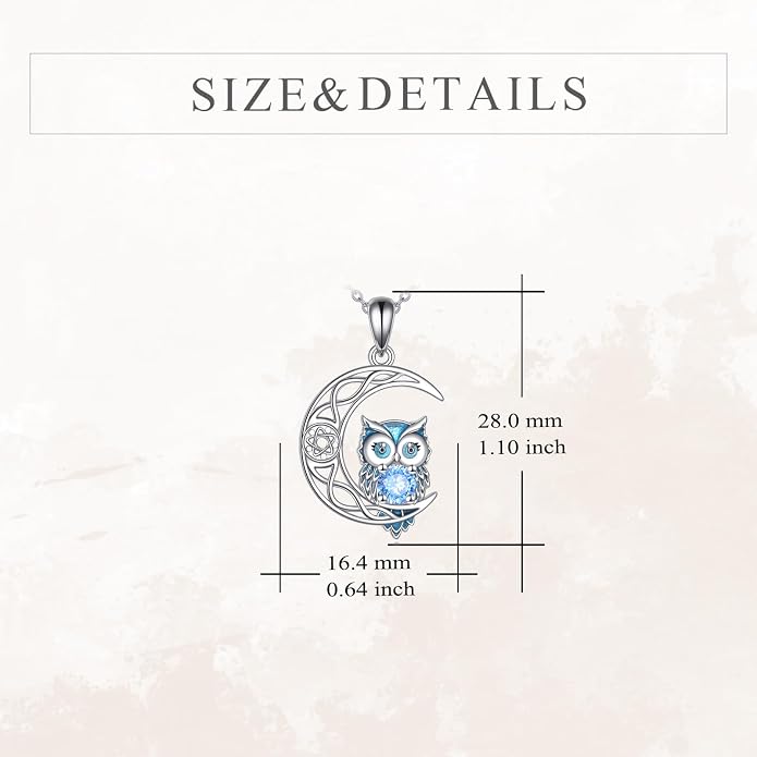 Owl Birthstone Necklace Sterling Silver Celtic Moon Pendant Cubic Zirconia Owls Jewelry Birthday Gifts for Women Men