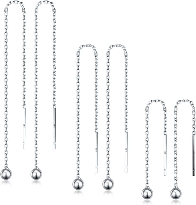 3 Pairs Threader Earrings 925 Sterling Silver Long Chain Earrings Bar/Ball Wrap Threader Drop Earrings for Women Lightweight Minimalist Mother's Day Jewelry Set