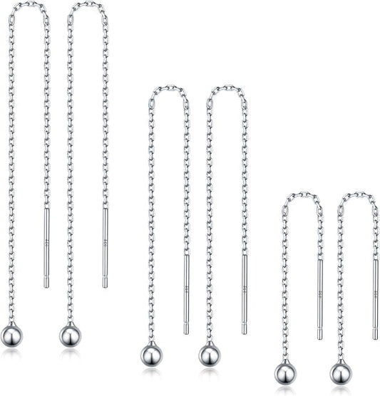 3 Pairs Threader Earrings 925 Sterling Silver Long Chain Earrings Bar/Ball Wrap Threader Drop Earrings for Women Lightweight Minimalist Mother's Day Jewelry Set