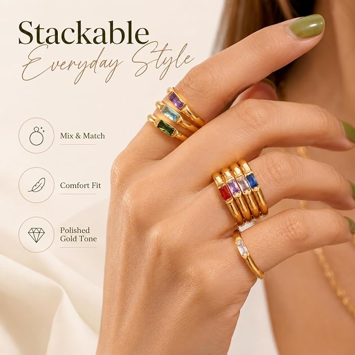 Birthstone Rings for Women, 18K gold plating stainless steel Dainty Stackable Rectangular Cubic Zirconia Birth Stone Ring To My Daughter/Mom Birthday Unique Gifts Jewelry
