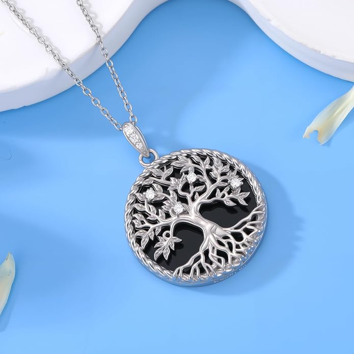 Tree of Life Moissanite Necklace, 925 Sterling Silver 0.5 Carat Moissanite Abalone Shell/Opal/Black Onyx/Turquoise/Malachite/Tiger Eye Stone Tree of Life Pendant Necklaces Jewelry Gift for Women Mom