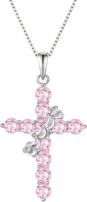 Rotated Crown Cross Necklaces for Women, 925 Sterling Silver Round Cut Zircon Neckalce Pendant With Ring Birthstones Jewelry for Her