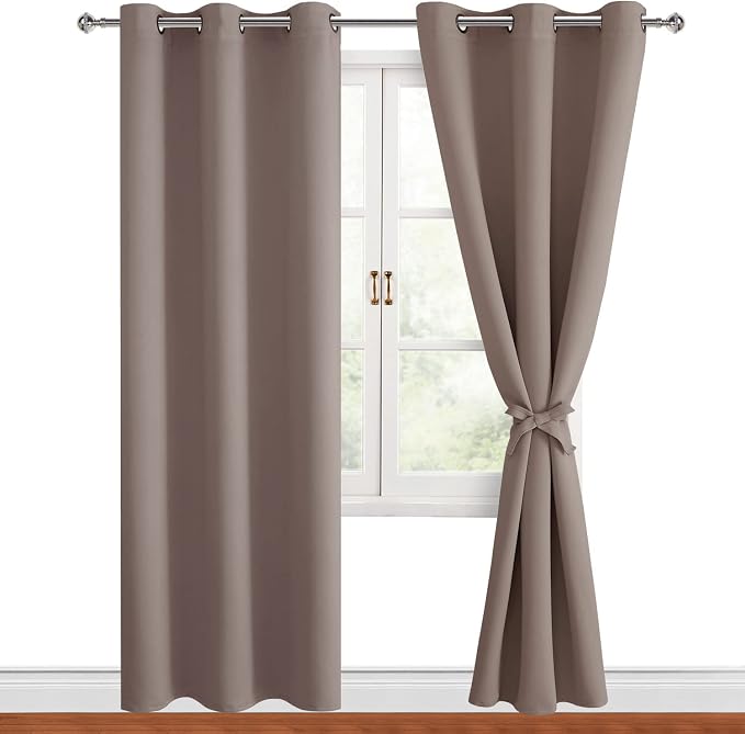 Hiasan Blackout Curtains for Bedroom, 42 x 84 Inches Long - Thermal Insulated & Light Blocking Window Curtains for Living Room/Kids Room, 2 Drape Panels Sewn with Tiebacks, Tan