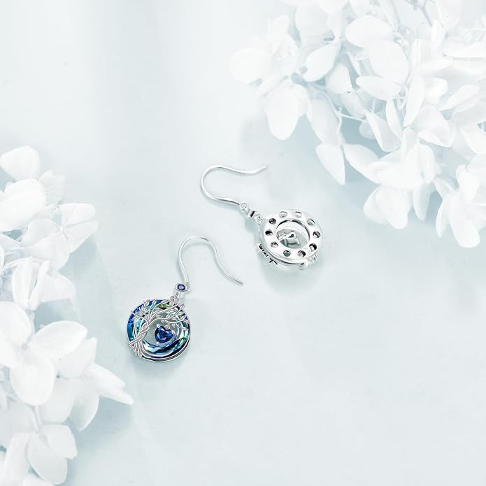 POPLYKE Tree of Life Birthstone Earrings 925 Sterling Silver Dainty Gemstone Birthstone Dangle Drop Earring with Crystal Fine Jewelry Birthday Gifts for Women Her