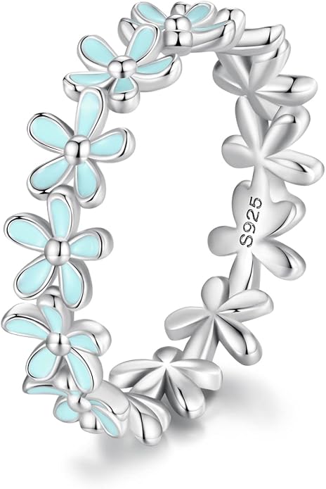 MUNDELL 925 Sterling Silver Dainty Daisy Rings Blue Flower Finger Rings for Women Stacking Promise Rings Fine Jewelry