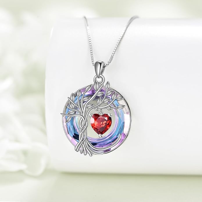 POPLYKE Mothers Day Gifts for Mom Her Wife Tree of Life Necklace 925 Sterling Silver Birthstone Pendant with Crystal Anniversary Birthday Wedding Jewelry for Women