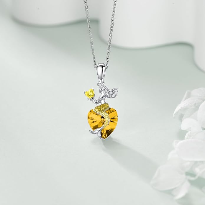 Mermaid Birthstone Necklace for Women 925 Sterling Silver Jewelry Austrian Crystal Pendant Christmas Gifts for Her