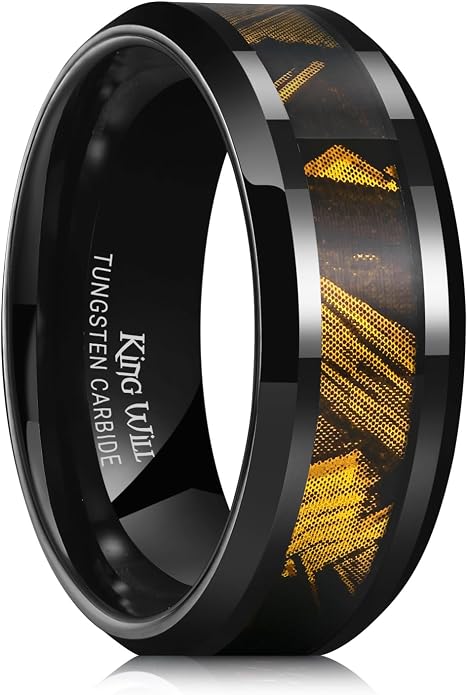 King Will Black Tungsten Wedding Band For Men, 8mm Promise Ring Inlay Red Twill Pattern/Colorful Wood Chips, High Polished Beveled Edge - Suitable For Daily Wear, Comfort Fit Size 7-14