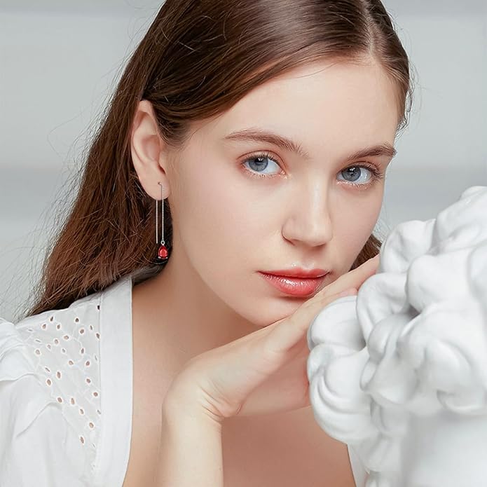 925 Sterling Silver Threader Drop Long Box Chain Ear Line Earrings with 11 * 8mm Birthstone Crystals, Birthday Jewelry Gifts for Women