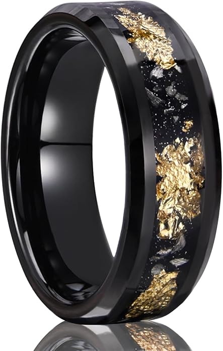 Black Tungsten Carbide Rings for Men Women 8mm/6mm Men's Wedding bands Inlaid with Gold Foil Meteorite Fragments, High Polishing and Comfortable fit