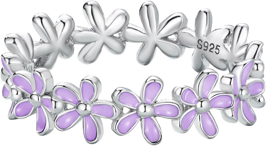 925 Sterling Silver Dainty Daisy Butterfly Paw Heart Eternity Rings Blue Flower Finger Rings for Women Stacking Promise Rings Gift Jewelry