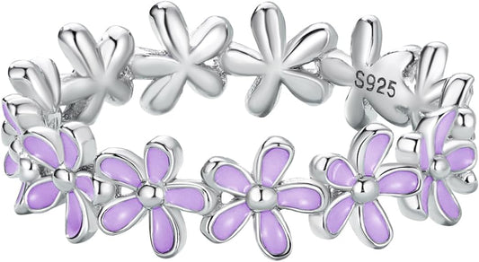925 Sterling Silver Dainty Daisy Butterfly Paw Heart Eternity Rings Blue Flower Finger Rings for Women Stacking Promise Rings Gift Jewelry