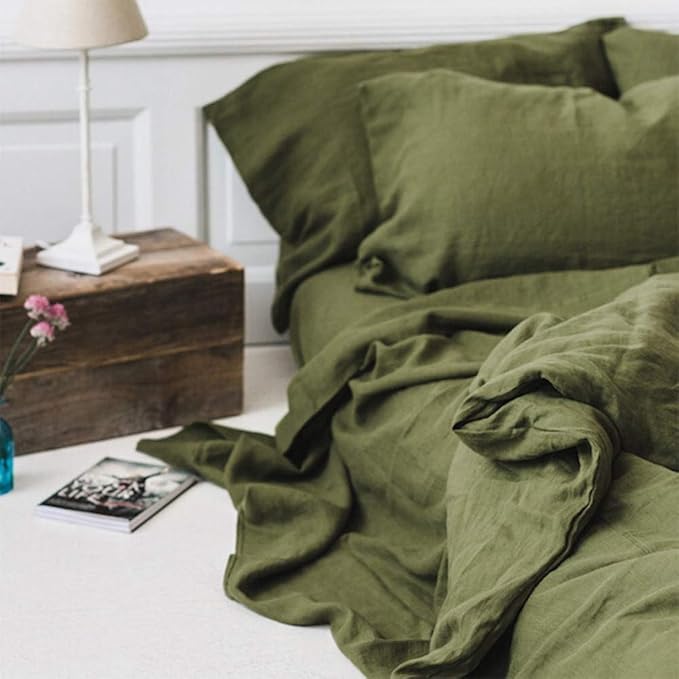 Simple&Opulence 100% Linen Duvet Cover Set 2pcs Basic Style Natural French Washed Flax Solid Color Soft Breathable Farmhouse Bedding with Button Closure - Olive Green, Twin