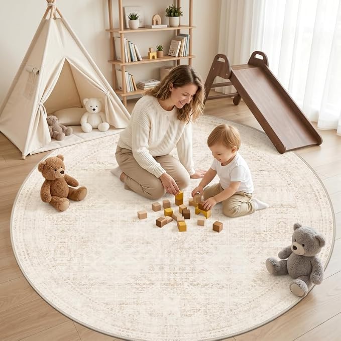 Round Area Rug for Living Room: 6ft Vintage Boho Neutral Washable Circle Rug Soft Large Circular Carpet for Bedroom Nursery Farmhouse Dining Room Office Floor Non-Slip Low Pile Under Table Rug Beige