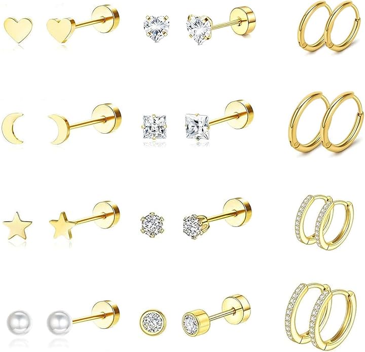 Hypoallergenic 20G 6mm Flat Back Stud Earrings & 18G 8mm/10mm Small Hoop Earrings Set for Women, 12 Pairs Stainless Steel Cartilage Earrings for Multiple Piercings