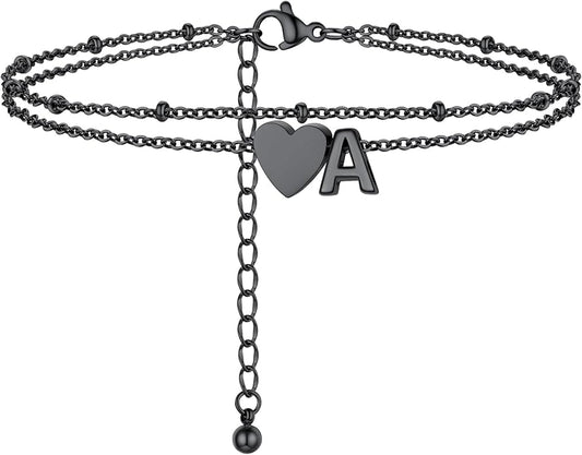 Initial Ankle Bracelets for Women, Dainty Stainless Steel Letter A-Z Layered Anklets, Heart Ankle Bracelet 8.5"-10.5" Adjustable, Summer Beach Jewelry, Come with Box