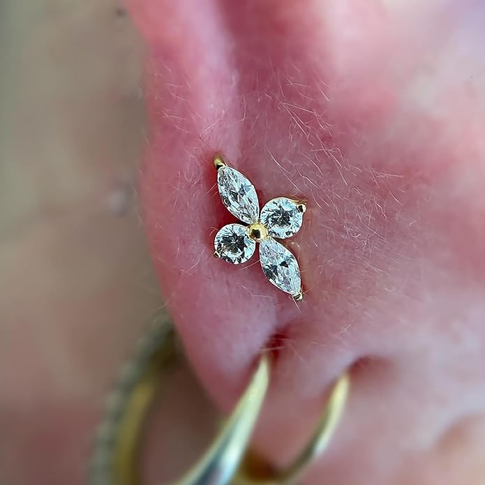 FINE4U 1PC ASTM F136 Titanium 16G Flatback Stud for Tragus, Helix, Conch 6mm 8mm - Screw on Cartilage Earring Piercing Jewelry
