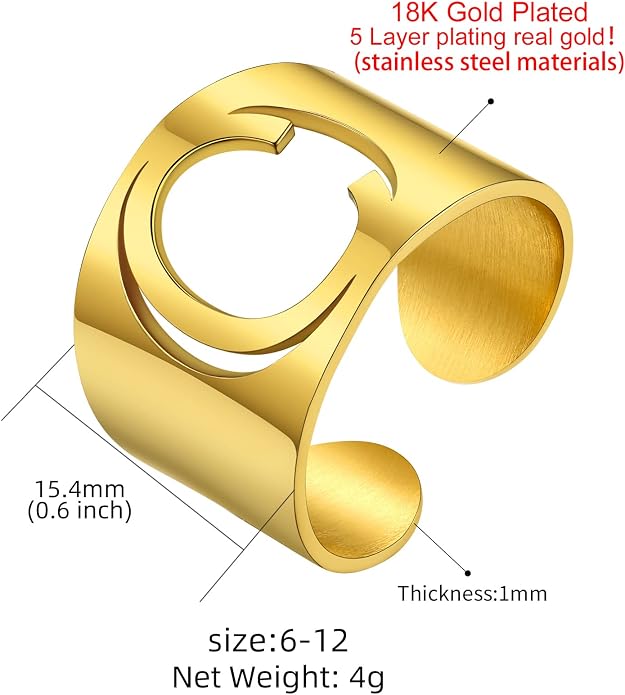 KeyStyle Bold Initial Letter Rings Adjustable, GoldChic Jewelry Women Gold Statement Ring Personalized Engraved Women’s Open Signet Ring for Party (Gold, White Gold, Black)
