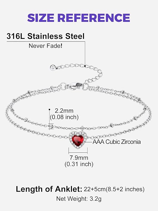 Richsteel Double Layer Heart/Butterfly Birthstone Anklet for Women Non Tarnish Waterproof, Silver/Gold/Black Stainless Steel 8.5-10.5 Inch Adjustable Chain Anklets Jewelry Gifts for Her