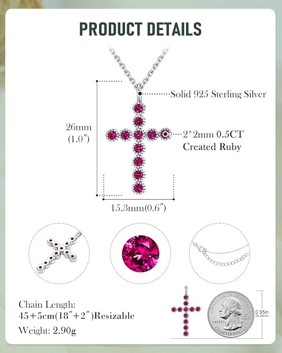 925 Sterling Silver 18 inch Birthstone Cross Pendant Necklace for Women Men