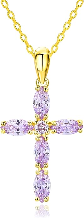 14K Gold Plated 925 Sterling Silver Birthstone Cross Necklace for Women Men