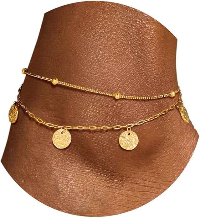U7 Silver/Gold Ankle Bracelets for Women Layered Chain Anklets Stainless Steel Waterproof Summer Beach Anklet Cham, Adjustable 8.5"-10.5"