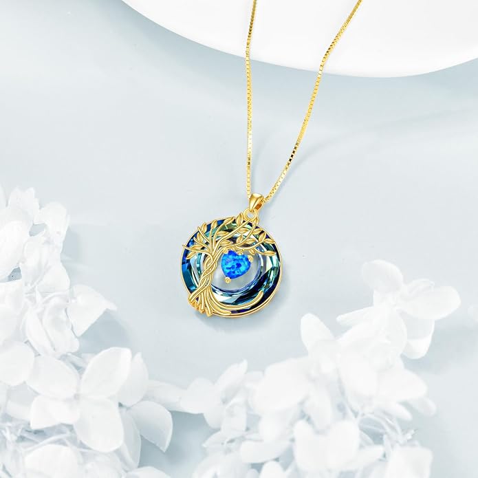 POPLYKE Mothers Day Gifts for Mom Her Wife Tree of Life Necklace 925 Sterling Silver Birthstone Pendant with Crystal Anniversary Birthday Wedding Jewelry for Women