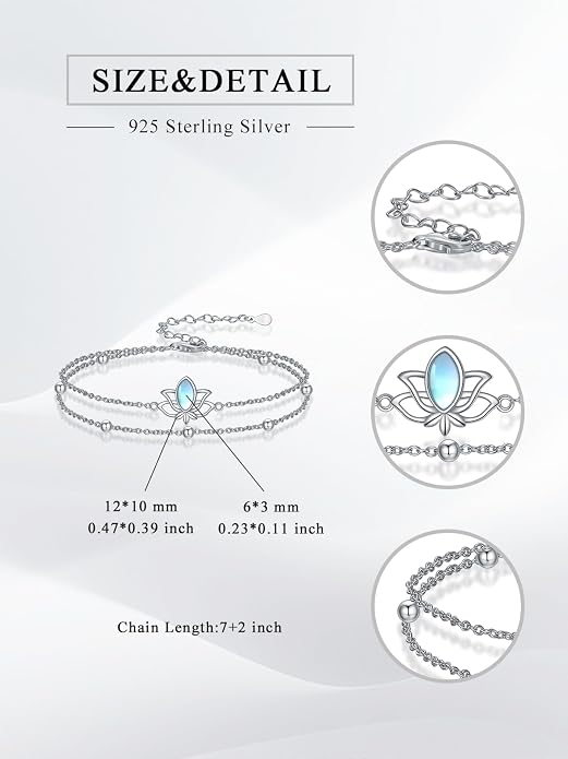 Dragonfly/Evil Eye/Hamsa Evil Eye/Lotus/Mushroom Anklet Bracelets for Women Sterling Silver Adjustable Double Layered Bracelet Anklet Mother's Day Jewelry Gifts Beach Jewelry