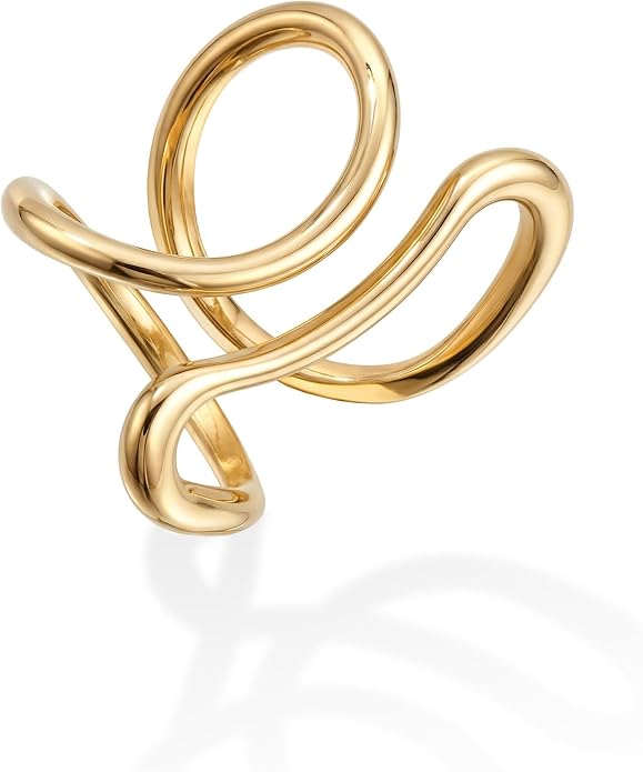 Gelbesty Waterproof Gold Statement Rings for Women, 14K Gold Plated Chunky Open Stackable Rings Non Tarnish Fashion Adjustable Stainless Steel Pinky Knuckle Signet Vintage Ring Jewelry Size 5-11