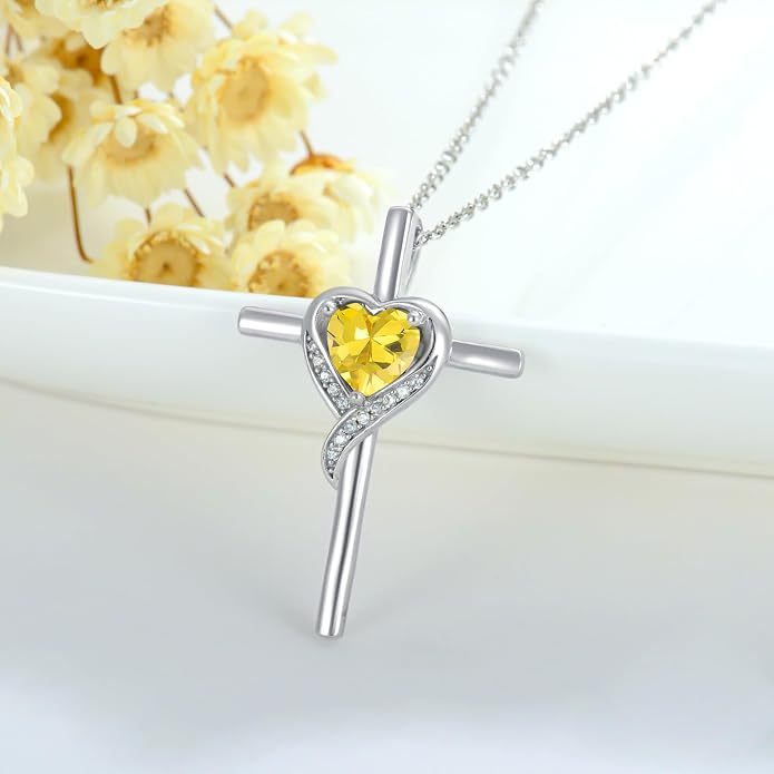 TOUPOP Birthstone Cross Necklace for Women 925 Sterling Silver Heart Cross Pendant Necklace Mothers Day Birthday Jewelry Gifts for Mom Wife Her