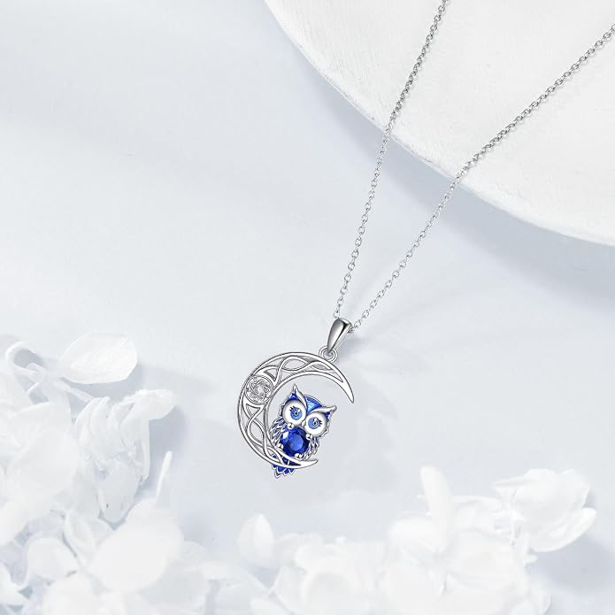 Owl Birthstone Necklace Sterling Silver Celtic Moon Pendant Cubic Zirconia Owls Jewelry Birthday Gifts for Women Men