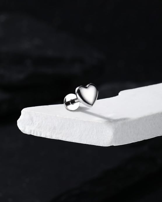 Jewseen 16G Internally Threaded Helix Piercing Jewelry Heart Flat Back Cartilage Stud 925 Sterling Silver Tragus Helix Earrings Heart Nose Lip Piercing Jewelry for Women Men