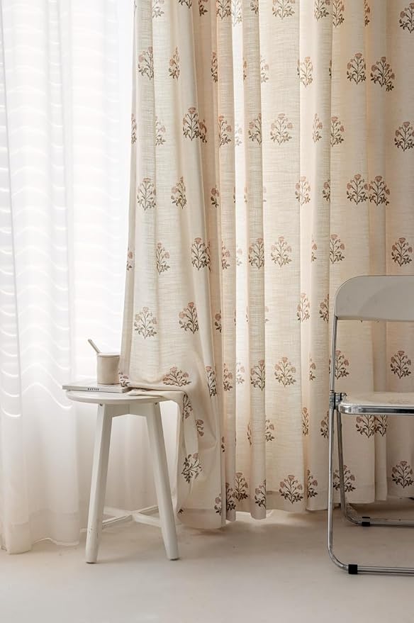DrapePalette - Linen Blend Pinch Pleated Curtains 84 Inches Long for Living Room, Bedroom, Dining Room, Light Filtering Curtains 2 Panels Set, Modern Floral Printed Design, Beige White, 30" W x 84" L