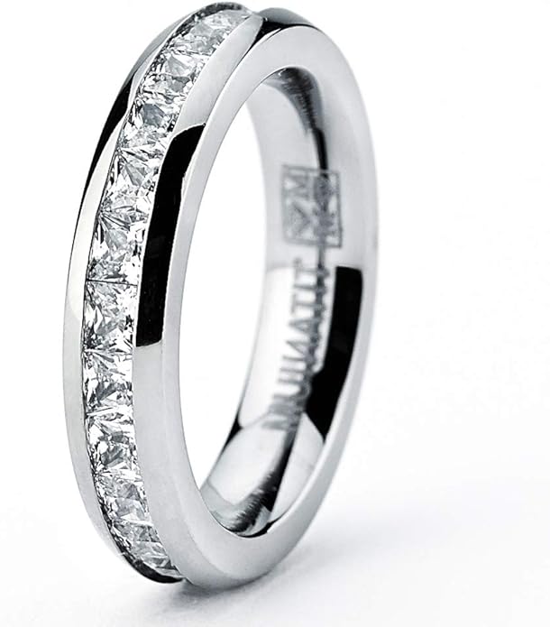 Metal Masters 3MM High Polish Princess Cut Ladies Eternity Titanium Ring Wedding Band with Cubic Zirconia CZ Size 4 To 9